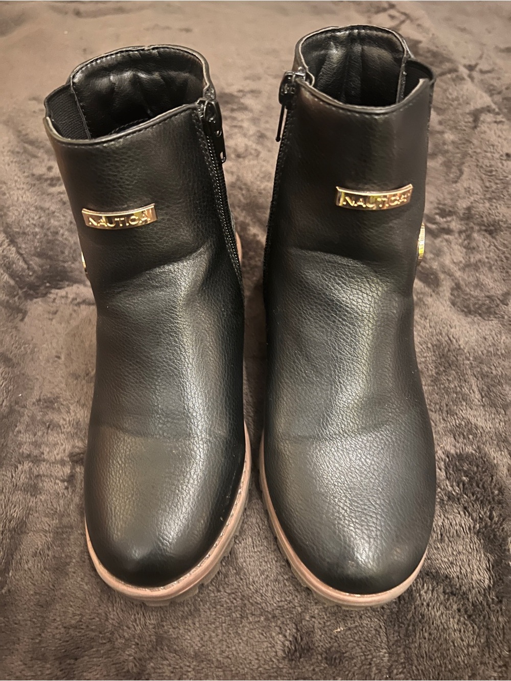 Nautica Black Ankle Boots with Gold Logo Plaques